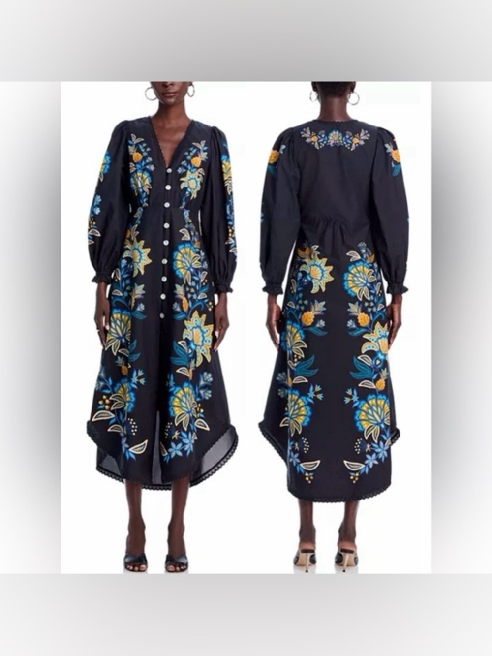 FARM Rio Stitched Garden Floral Black Midi Dress Fairycore Boho Women L Vacation - Picture 16 of 16